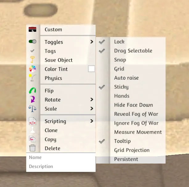 Toggle settings for objects