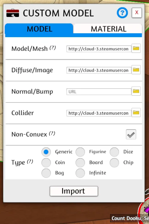 Tabletop Simulator settings for a Custom Object